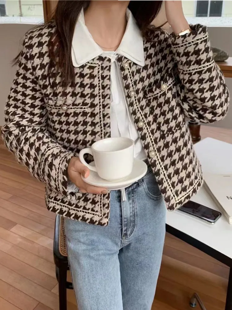 

2023 Korean Small Fragrance Jacket Coat Women's Short Autumn And Spring French Houndstooth Tweed Outerwear