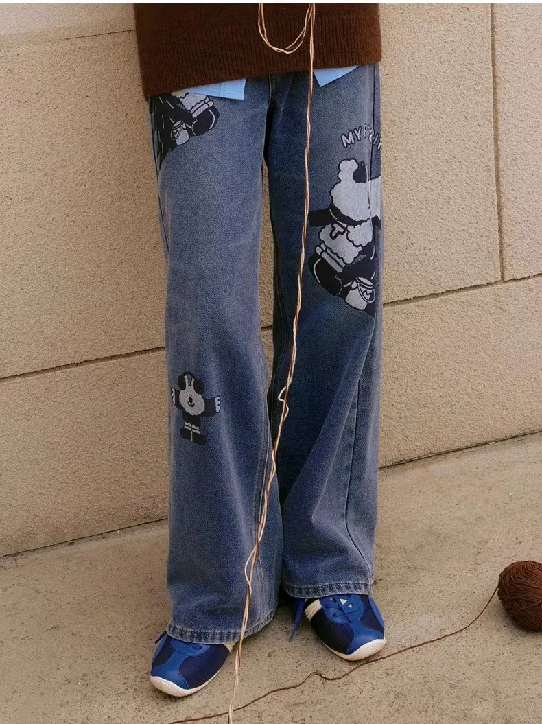 

Женские джинсы в стиле хип-хоп с мультяшным рисунком, широкие брюки голубого цвета с мультяшным рисунком, Женские винтажные брюки, платья для женщин, Traf