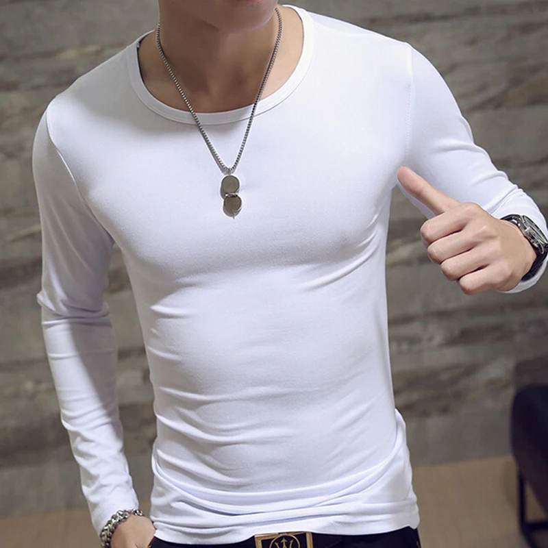 

2023 Elastic Mens T-Shirt O-Neck Round Neck Long Sleeve Men T-Shirt for Male Lycra T-Shirts Man Clothing High Quality Tops