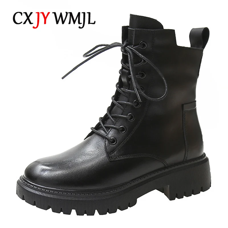 

CXJYWMJL Top Layer Cowhide Women Autumn Motorcycle Boots Thick Sole British Style Winter Boots Ladies Genuine Leather Booties