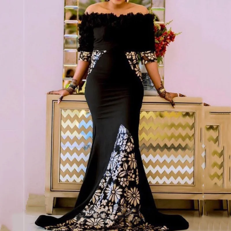 

Luxury Sexy Evening Long Dresses 2023 Party Slash Neck Mermaid Floor Length Black Elegant Dinner Night Wedding Vestidos Dress