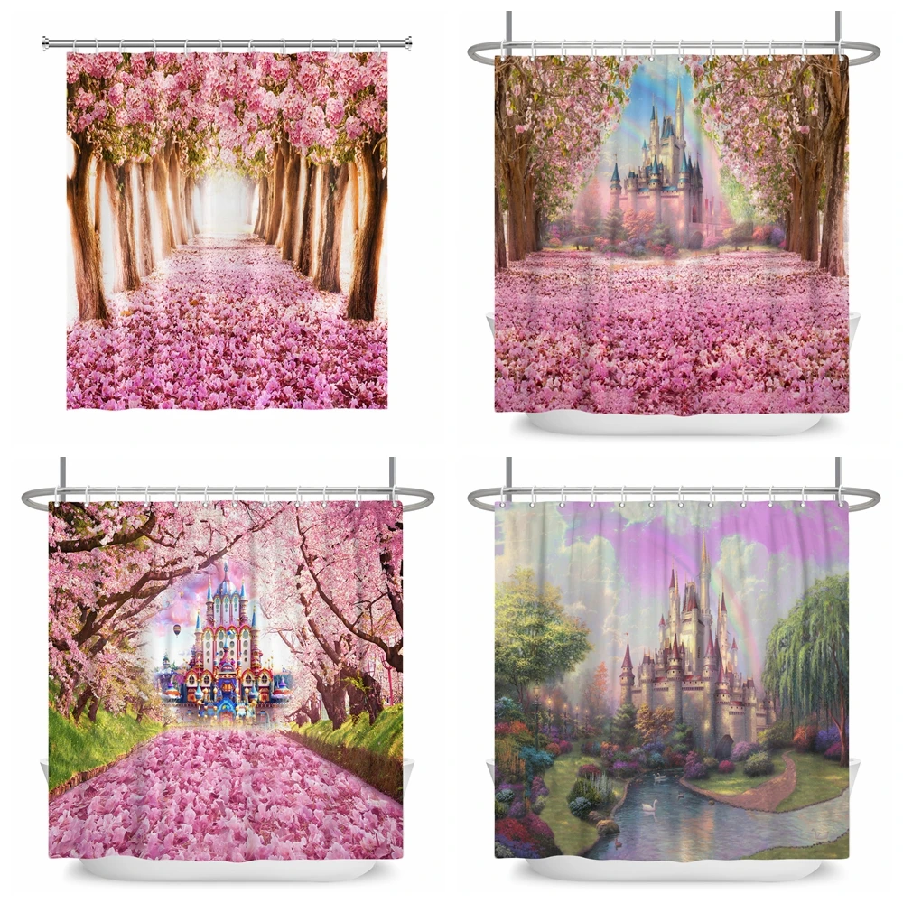 

Dreamlike Blooming Tree Forest Pink Flower Mushroom Shower Curtains Bathroom Bathtub Decoration Bath Curtain Home Decor