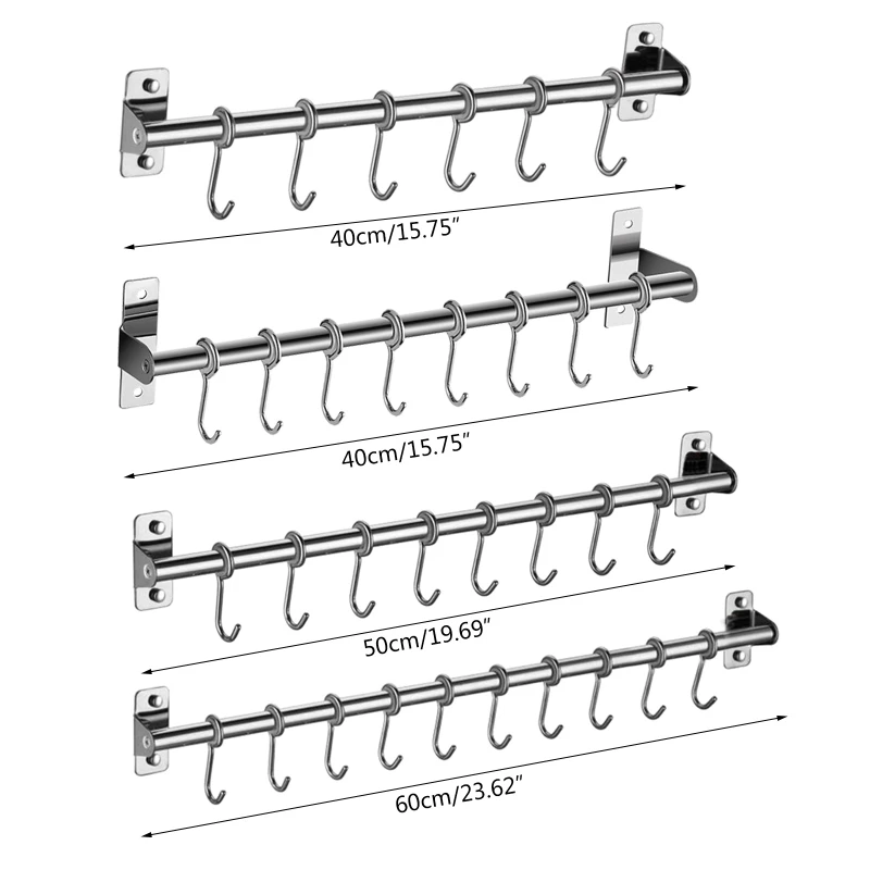 Wall Mounted Utensil Rack Stainless Steel Hanging Kitchen Rail with 6/8/10 Hooks