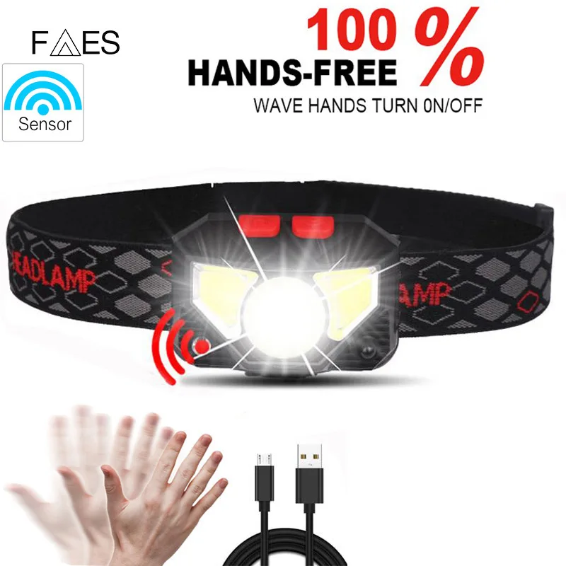 

New USB charging warning red LED strong light sensing headlights outdoor fishing waterproof headlights Work Repair Lighting LEDs