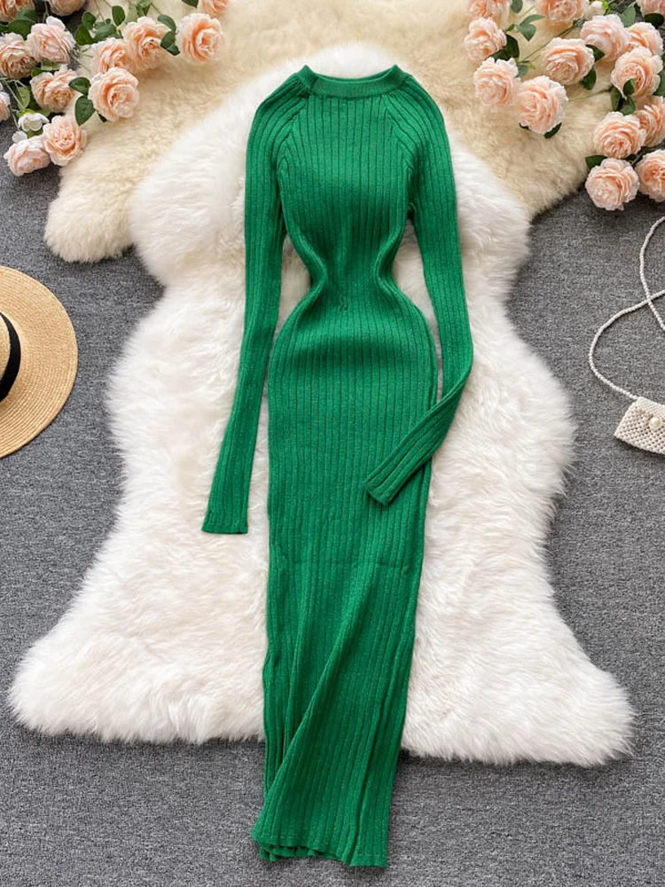 

Hikigawa Chic Fashion Woman Autumn O Neck Sexy Slim Waist Knitted Dresses For Women Solid Long Sleeve Elasticed Vestidos mujer