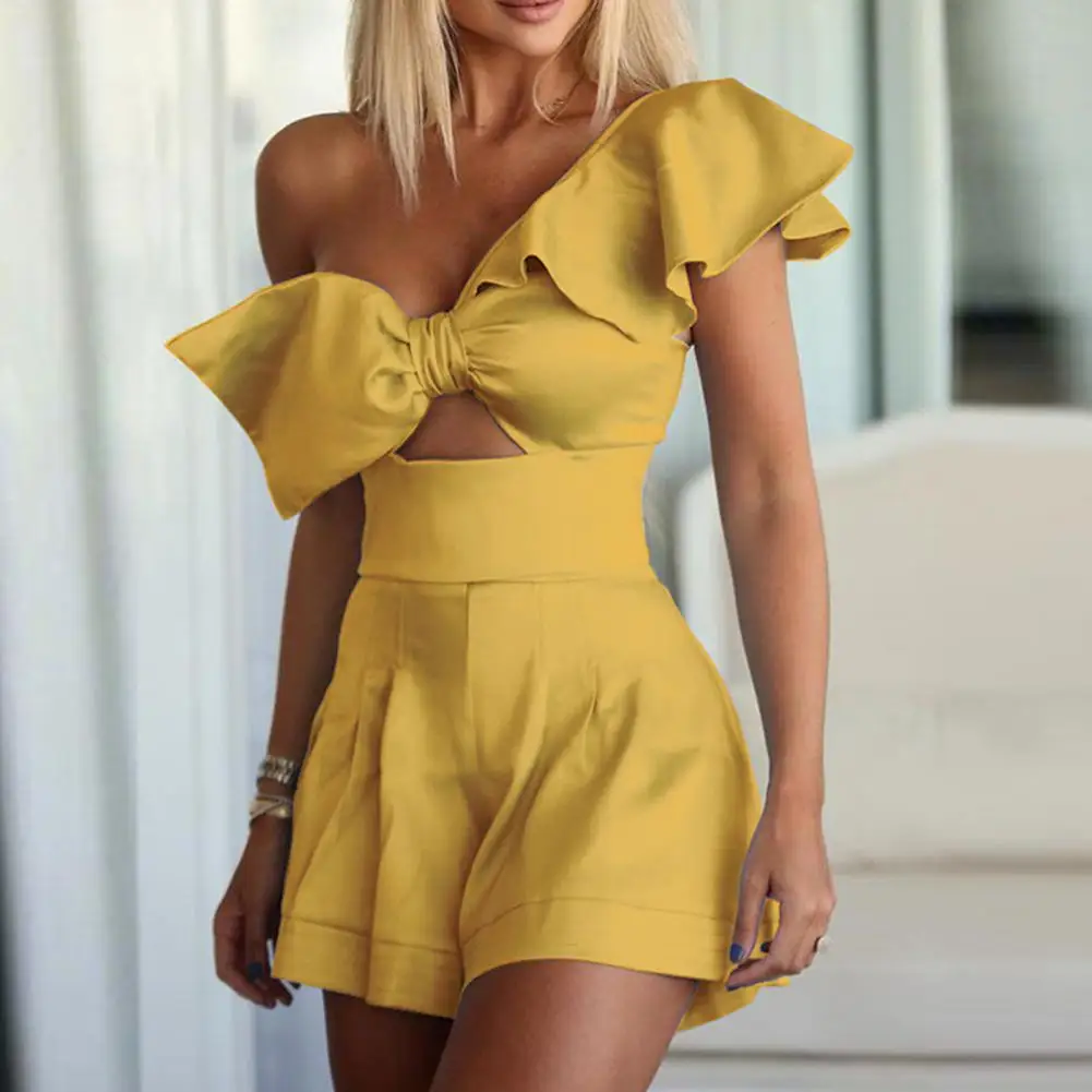 

Solid Color Single Shoulder Ruffles Women Romper Sexy Sleeveless Bowknot Romper Casual High Waist Romper for Daily Wear