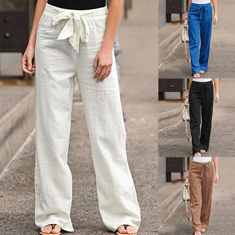 Cotton Linen Women Pants Summer 2023 New High Waisted Wide Leg Baggy Pants Korean Fashion Solid Casual Pants with Belt