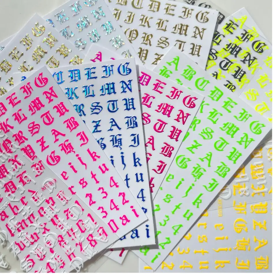 

1PC Nail Art Sticker Letter 3D Nail Sticker GOTHIC LETTER STICKER 002 XXL 10 COLOURS Old English Words Alphabet Nail Decal,uy76