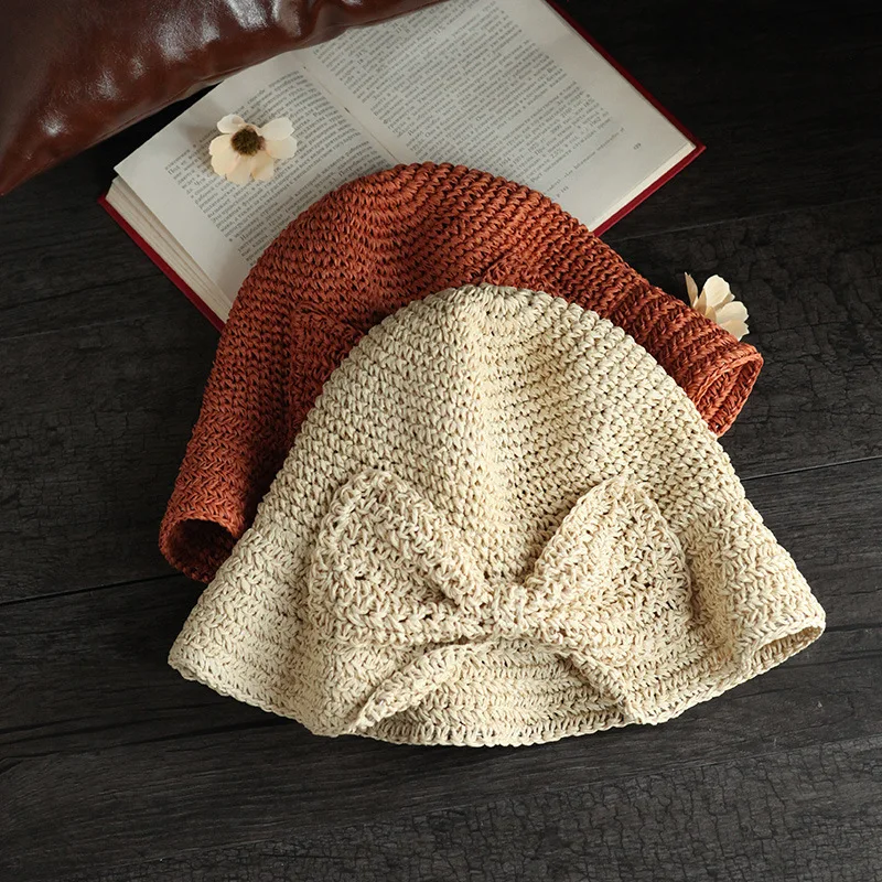 

Sun Hat 100%Raffia Bow Wide Brim Floppy Summer Hats For Women Beach Panama Straw Dome Bucket Hat Femme Shade Hat