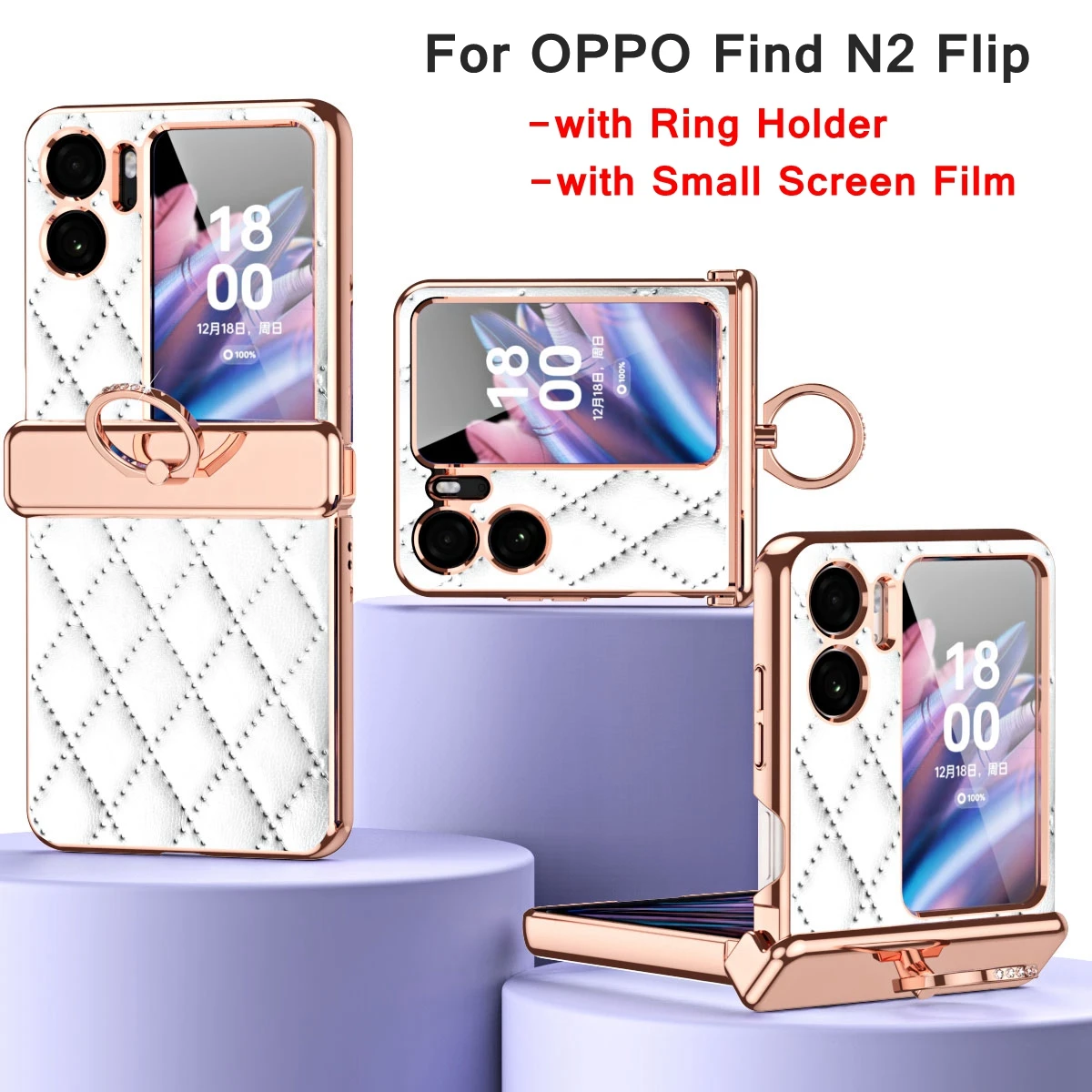 

Luxury Hinge Plating Protector Leather Cases for OPPO Find N2 Flip 5G Ring Holder Bracket Cover with Small Screen Glass Film