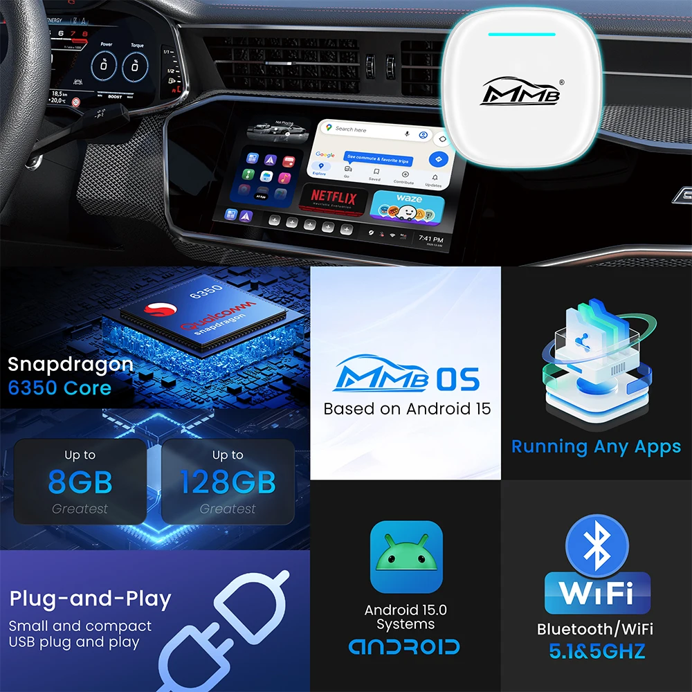 Фото 8G+128GB MMB Ultra CarPlay AI Box Android 15 QCM6350 Беспроводной CarPlay Android Auto Smart TV Box для YouTube, Netflix, IPTV, 5G SIM №3