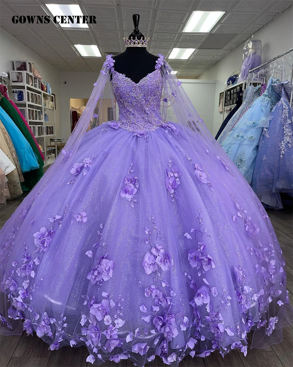 

Lavender 3D Flowers Cape Quinceanera Dress Spaghetti Ball Gown Puffy Dress 18th Birthday Debut vestido de charra 15 años azul