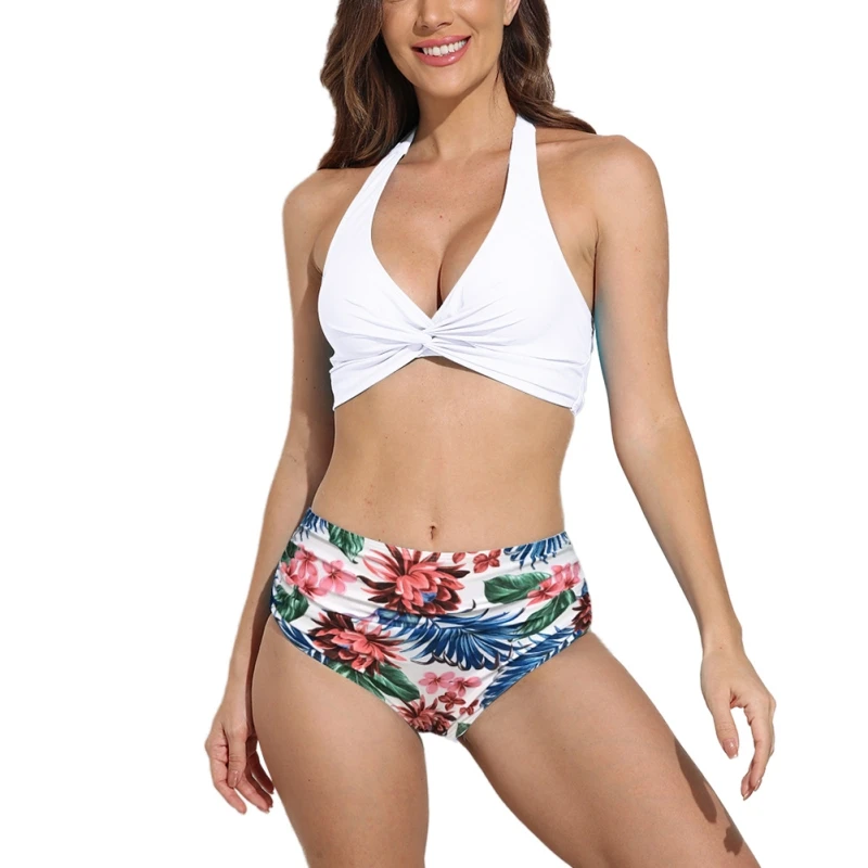 

Купальники из двух предметов, женские бикини с глубоким V-образным вырезом, топ с цветочным принтом, шорты с высокой талией, купальник