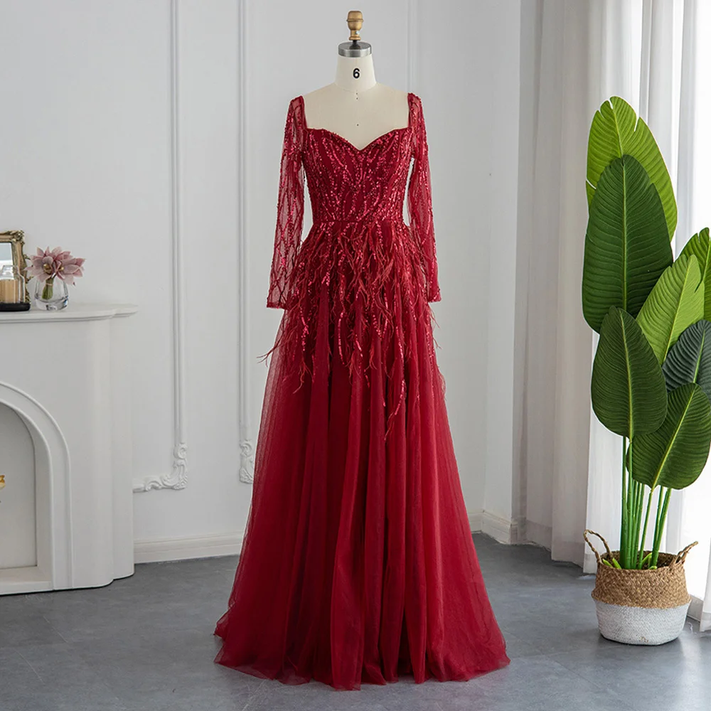 

Women's Formal Occasion A Line Dresses Long Sleeve Sweetheart Neckline with Feather Beaded Party Dresses Elegant Prom Dresses