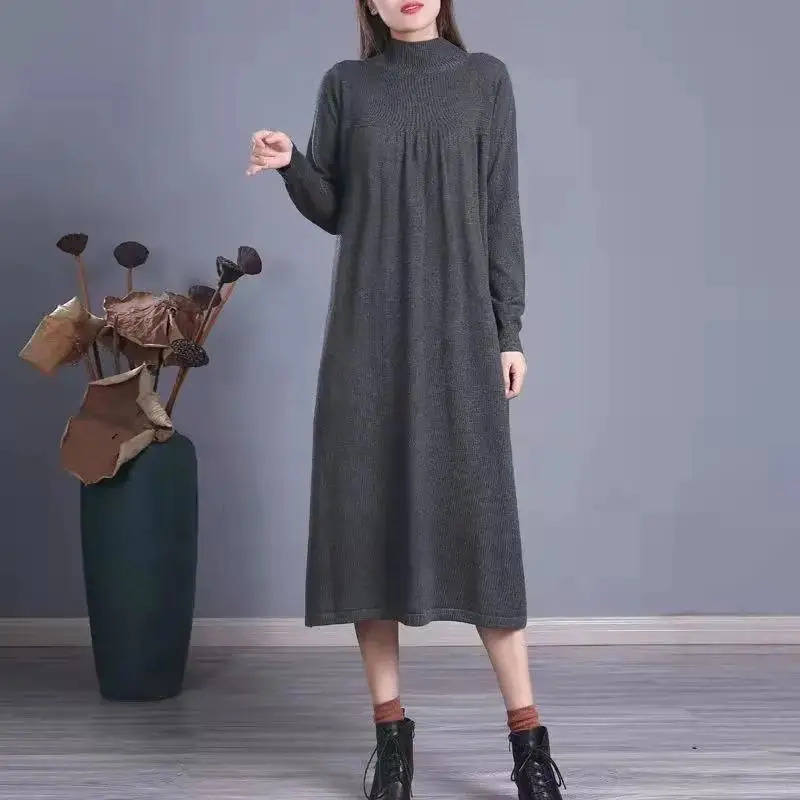 Women Autumn Winter Dress Knitting Sweater 2023 New Fashion Half High Collar Solid Color Patchwork Office Ladies Dress R48