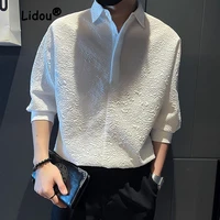 fashion summer solid color button decorate pullover shirt man new high quality 34 sleeve casual pointed collar temperament top