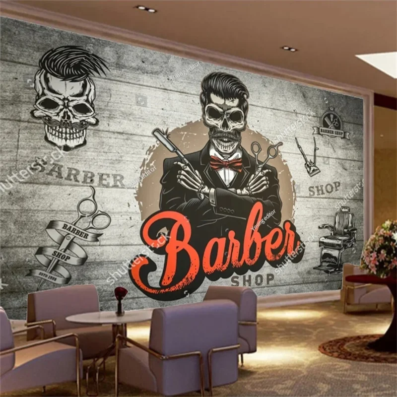 Пользовательский парикмахерский магазин 3D обои текстура череп фон фреска на