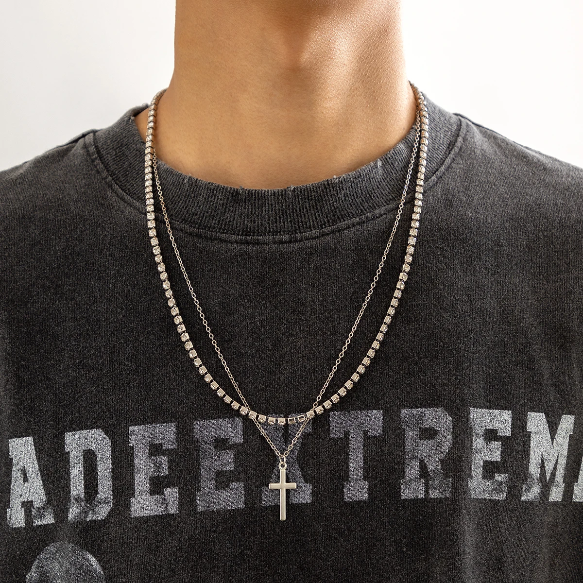 

KunJoe Hip Hop Double Layer Silver Color Cross Pendant Necklace For Men Punk Shiny Crystal Rhinestone Choker Necklace Gift