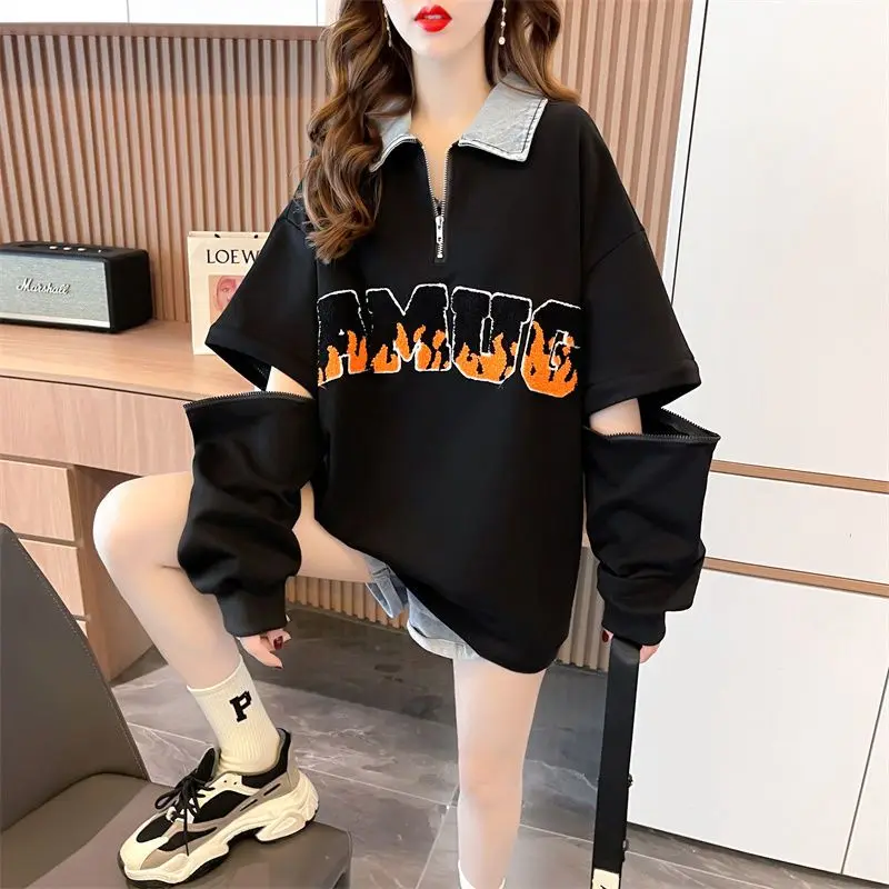 

Denim splicing Polo collar personalized sweater women 2022 autumn and winter new style oversized street Harajuku pullover coat