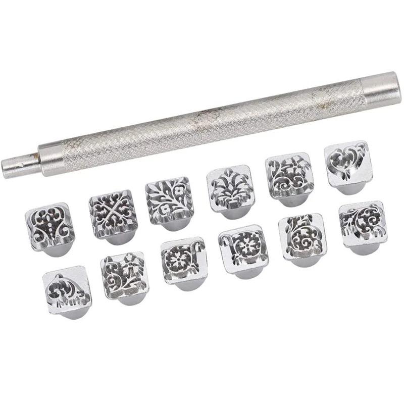 

12Pcs Stamping Punch Tool Tang Dynasty Flower Design DIY Vegetable Leather Stamper + 1Pcs Handle