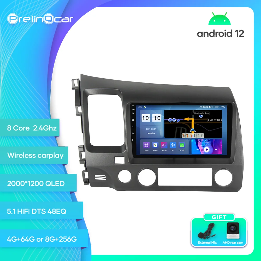 

Prelingcar For Honda Civic 2005-2012 Years Android 12 Car Monitor 8 256g Carplay RDS GPS Built 2din Radio DVD Player 5.1HIFI DST