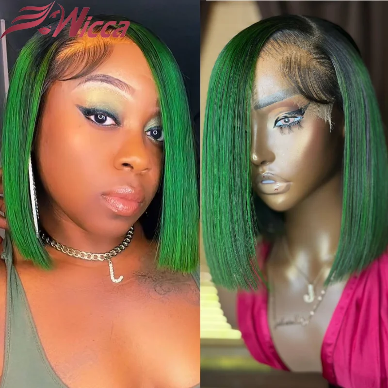 Short Bob Ombre Brown 13x2 T Lace Human Hair Wigs Straight Short Bob Wigs 180% Colored Green Brazilian Lace Frontal Wigs
