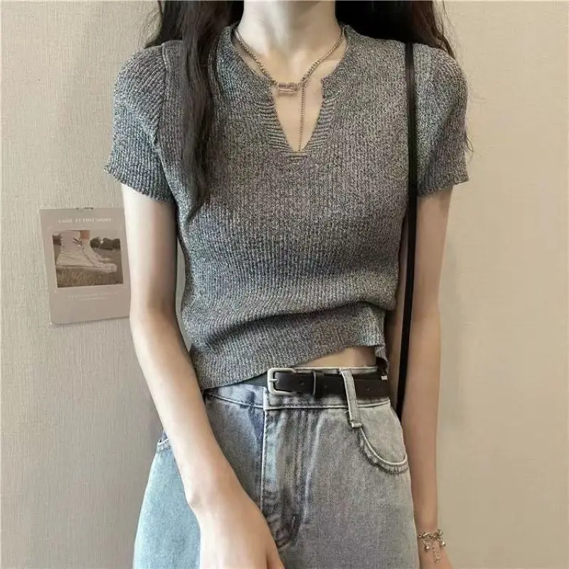 

V-neck Knitwear Short Sleeve T-shirt Slim Fit Navel Exposed Short Sexy Top With High Waist Pants