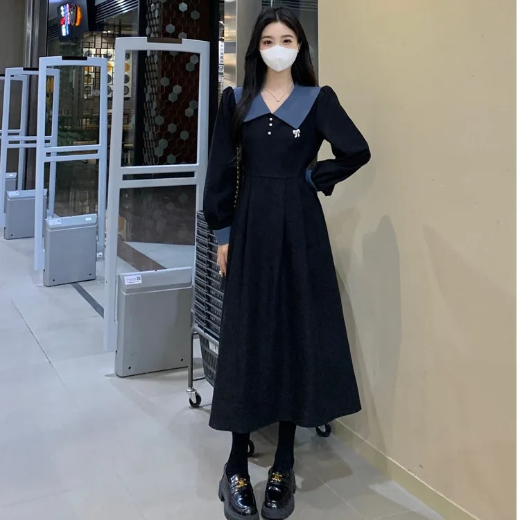 Плюс размер Ретро Контрастный цвет Вельветовое платье с длинными рукавами