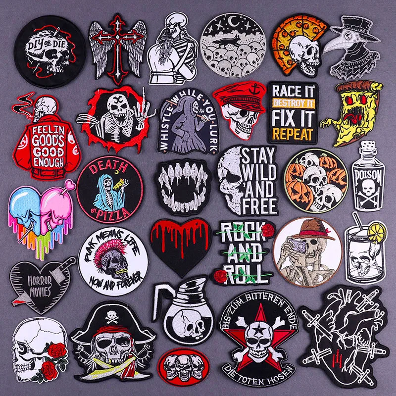 

Punk Skull Embroidered Patches For Clothing Thermoadhesive Patches Horror Skeleton Patch Iron On Patches On Clothes Stickers DIY