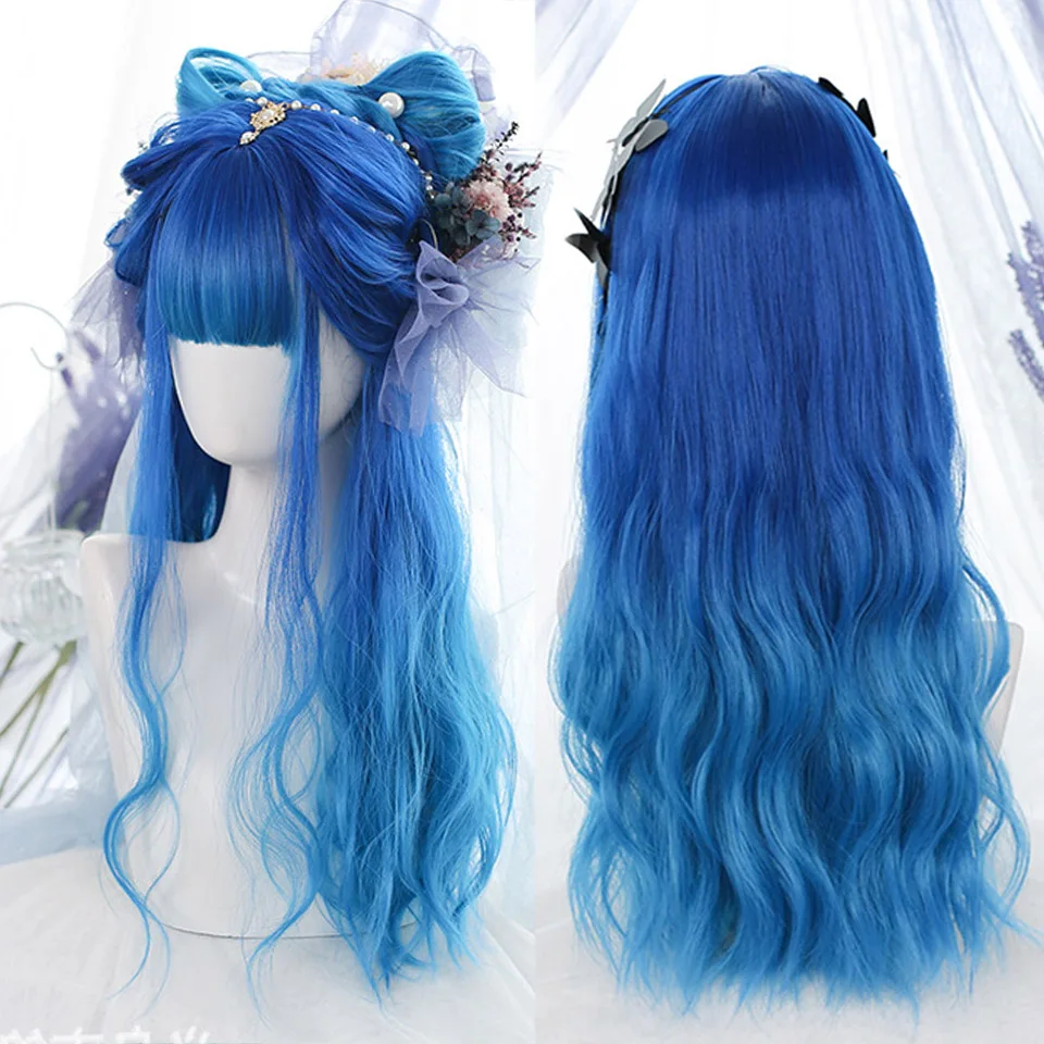 HOUYAN Long wave curly hair synthetic wig female bangs blue gradient wig cosplay Lolita black party heat-resistant