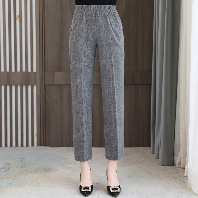 Summer Cotton Linen Pants for Women Bottoms New Elegant Classic Elastic Waist Harem Pants Woman High Waisted Trousers