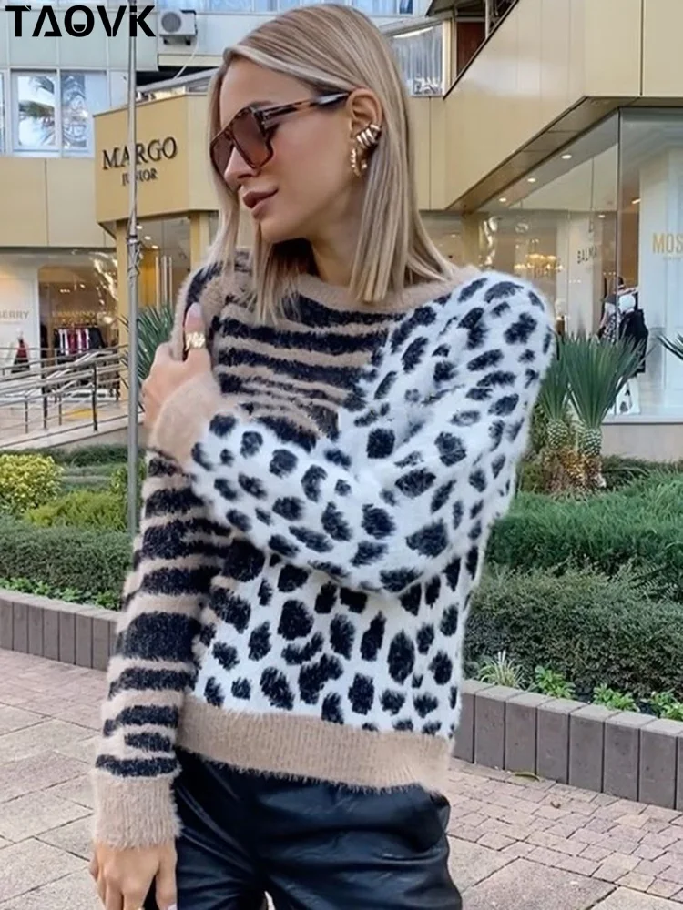 

Женский трикотажный свитер в полоску TAOVK, черный контрастный пуловер с леопардовым принтом и длинным рукавом, джемпер с круглым вырезом