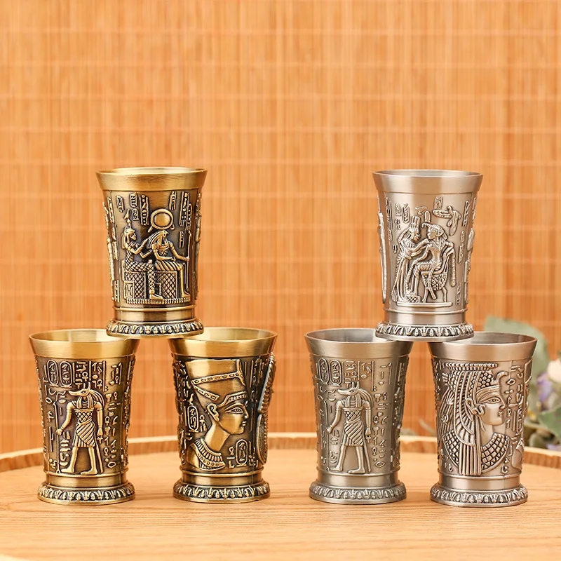 

30ML Vintage Metal Egyptian Wine Glass Pharaoh Tut Engraving Goblet Metal Cocktail Whiskey Bar Cup Water Glass Bar Home Decor