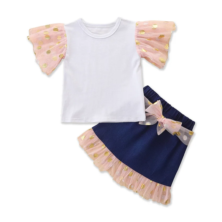 

Summer Girl Set White T-shirt + Denim Cotton Skirt Suits for Kids Fashion Girls Clothes