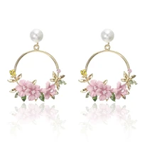 new design brand colorful metal flower hoop earring for women fashion personality sweet pearl jewelry gift