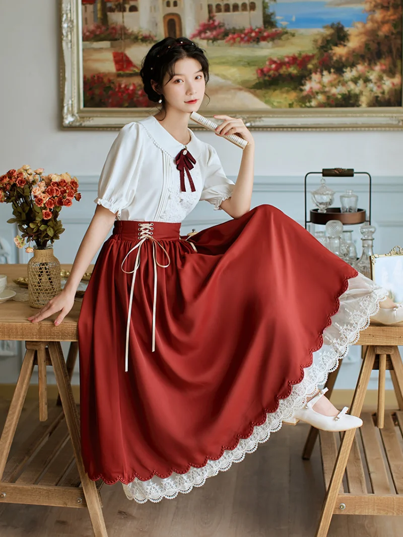 

Vintage literary Sen women's summer style short sleeve big swing lace paneled long skirt doll collar maple red leaf red