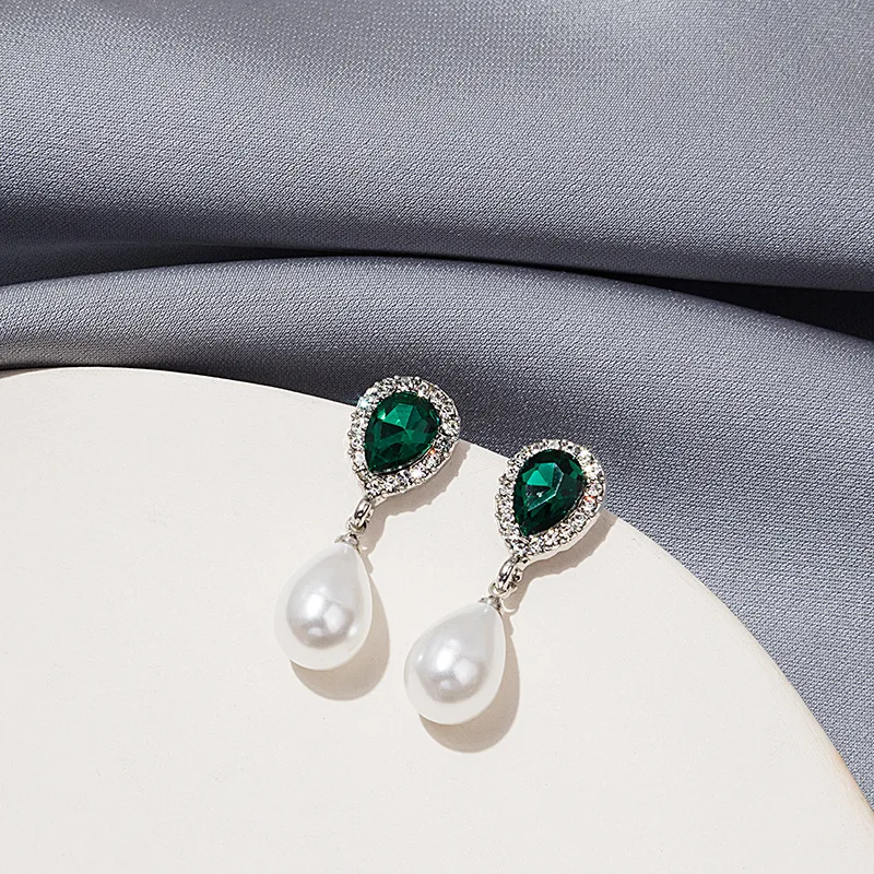 

S925 Earrings Pearl Earrings Women Emerald Drop Earrings Asymmetric Vintage Court Style
