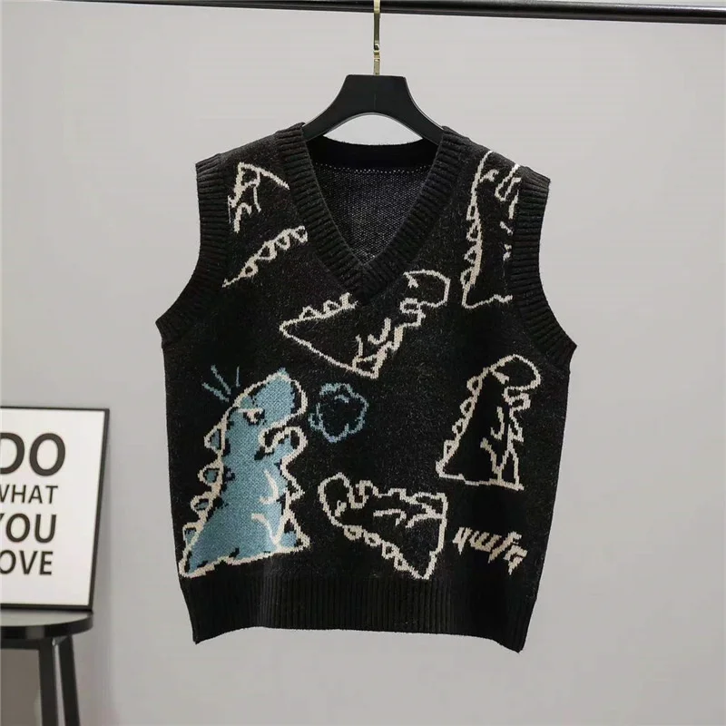 

2022 Autumn Winter Dinosaur Sweater Vest Black Women Knitting V Neck Sleeveless Loose Big Size Casual Fashion Trend