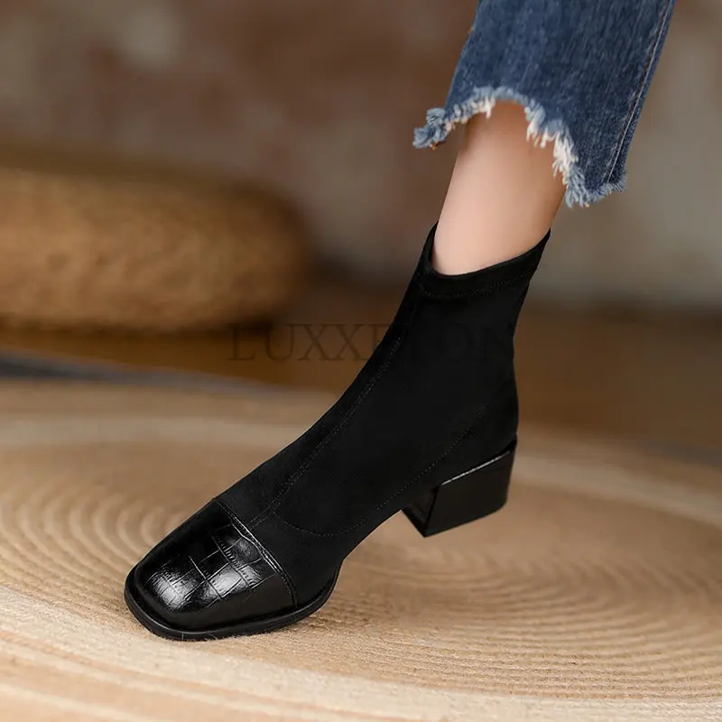 

Women Shoes Boots Ankle Spring Genuine Leather High Heels Female Luxury Casual Knitted Platform Thick Soled Short booties