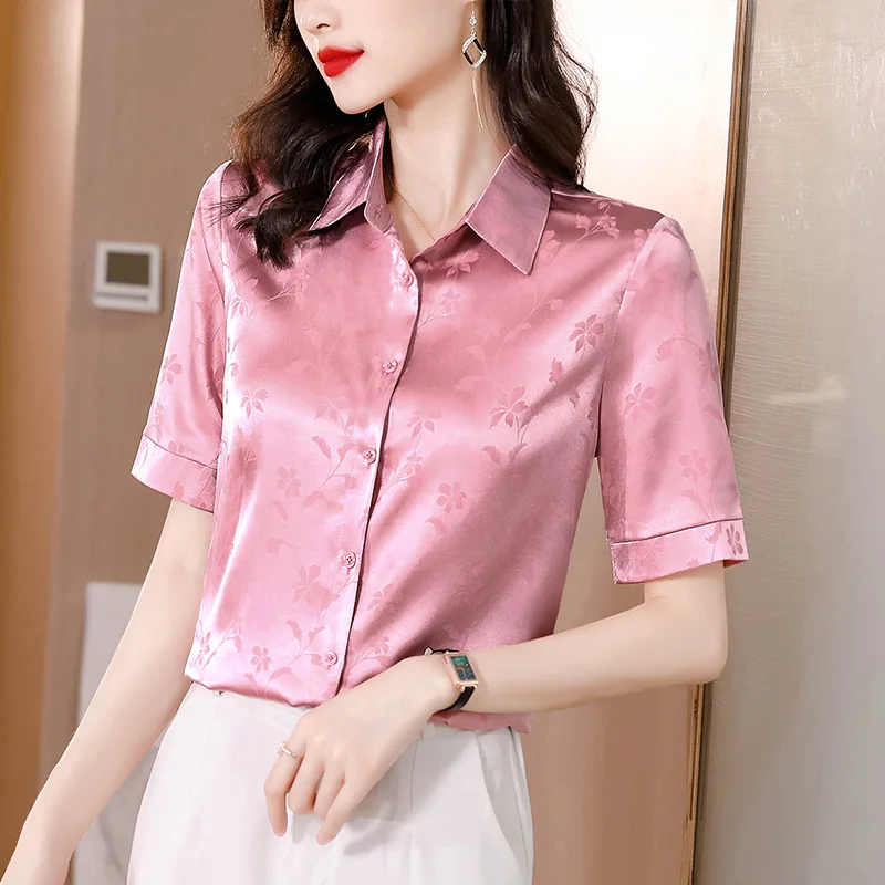 

Рубашка Женская атласная с коротким рукавом, модный топ, базовая одежда, Шелковый топ с цветочным принтом, лето