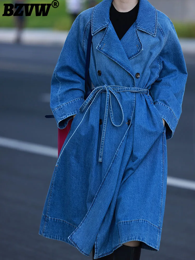 

BZVW Vintage Fashion Designer Denim Windbreaker Women's Coat 2023 Spring Autumn Lace-up Waist Mid-length Casual Trench Female