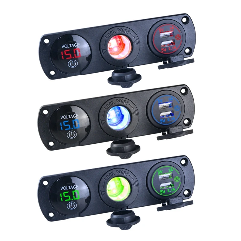 

3 in 1 Charger Socket Panel Dual USB Socket Power Outlet LED Voltmeter Cigarette lighter Socket for Marine Boat RV