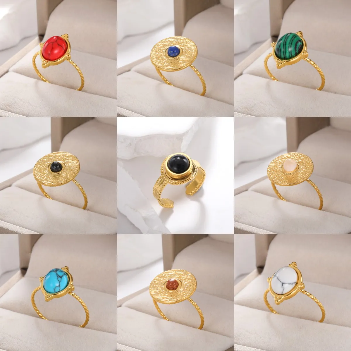 

18KGold Color Rings Stainless Steel Natural Stone Blue Green Ring Women Bohemian Stylish Adjustable Summer Jewelry Free Shipping