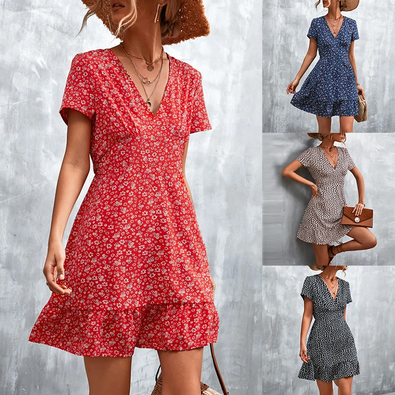 

A-Line Sundress Mini Dress T-shirt Dress Women Floral Summer Beach Ladies Short Sleeve Floral Sun Dress Interesting Holiday