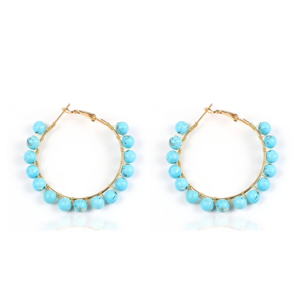 

BOHO Natural Stone Hoop Earring For Women Pink Crystal Turquoises Beads Wrap 5cm Big Circle Earrings Gemstone Trendy Jewelry