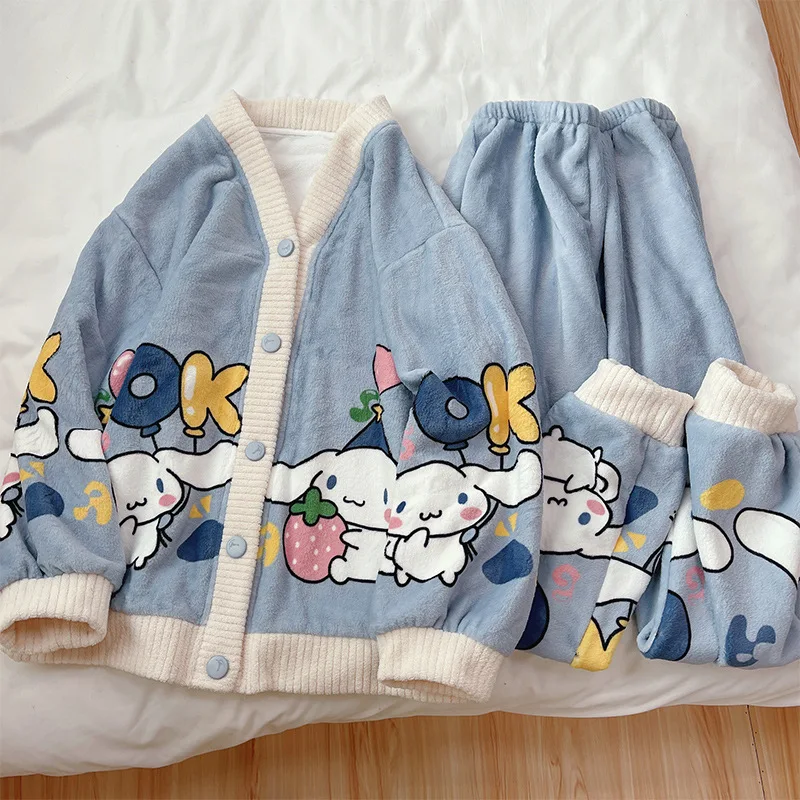 Winter Warm Women Cardigan Cartoon Coral Velvet  Loose Pajamas Suit Long Sleeve Flannel Sleepwear Set Cute Home Wear Clothes