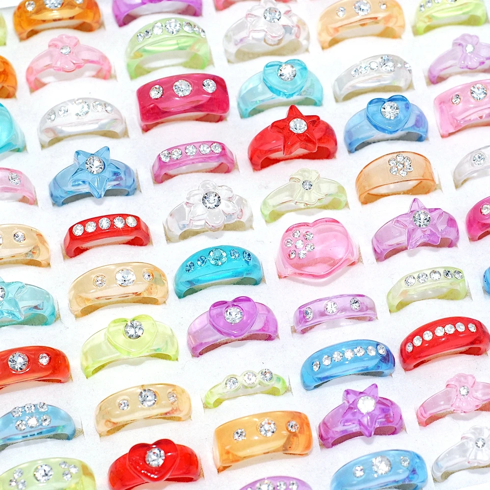

Большие партии 50 шт. красочные милые женские акриловые кольца с фианитом подростковое Сердце Звезда Цветок роскошный дизайн подарки для ве...