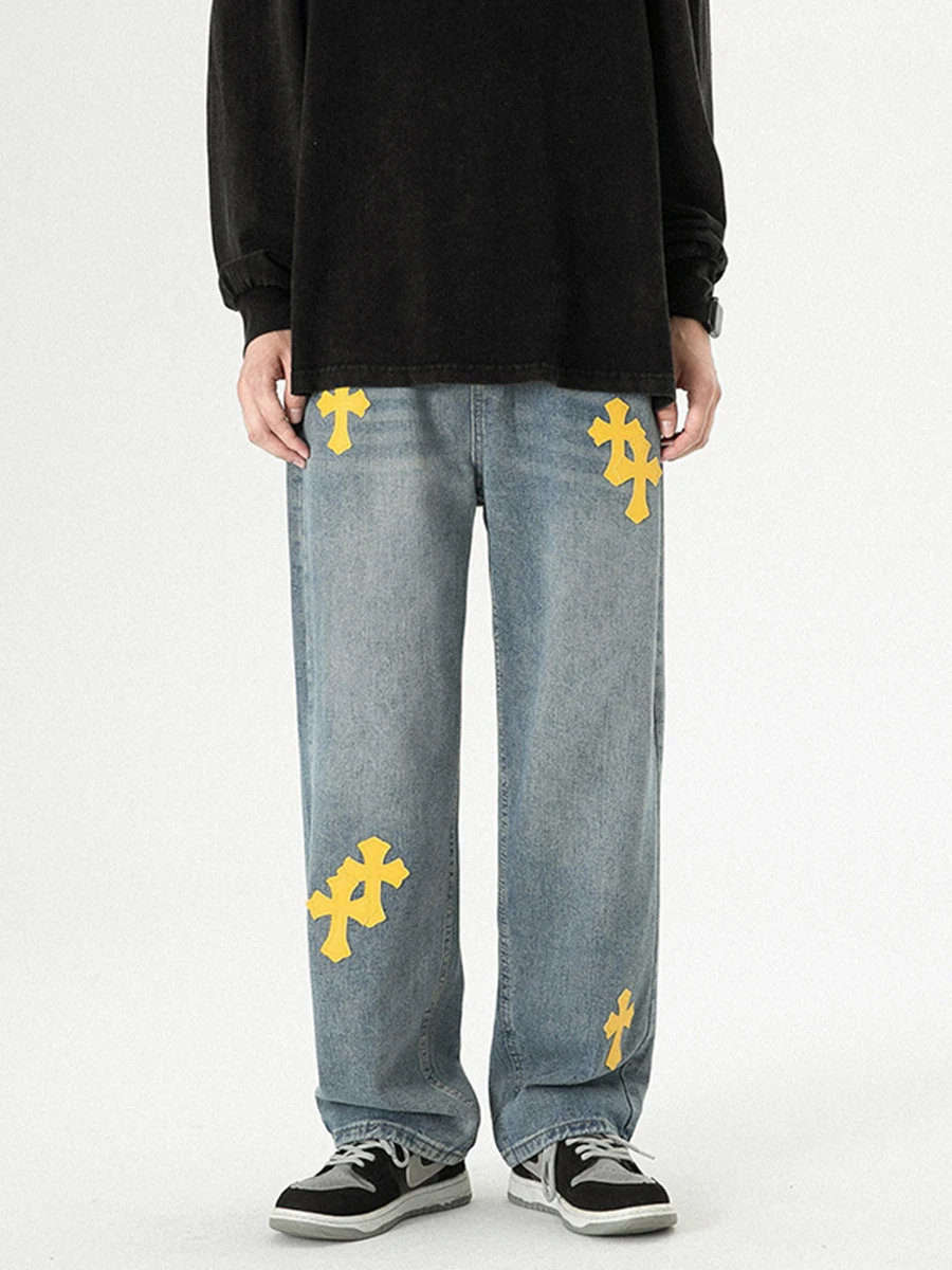 Four Seasons Men's Jeans American Trend Street Loose Cross Embroidery High Street Y2k Men Jeans Streetwear Men's Ins Hot Sale