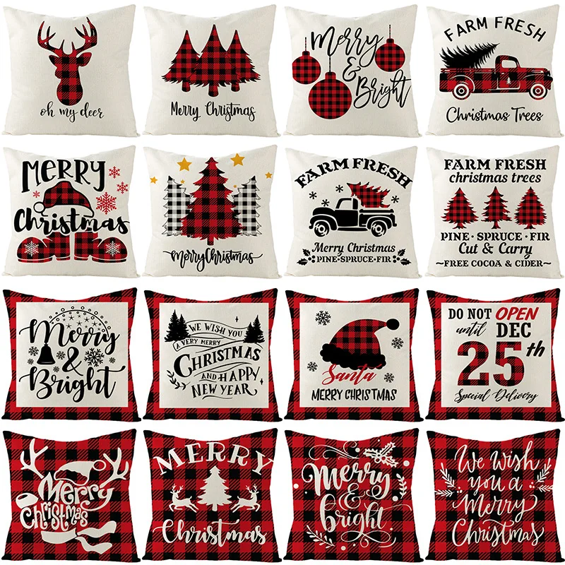 

2022 Christmas Pillow Red and Black Plaid Christmas Sofa Cushion Cover Linen Nordic Cushion