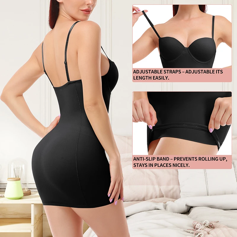 Women Full Slips Basic Under Dress Adjustable Straps Cami Seamless Smooth Tummy Control Body Shaper Built In Bra Deep V Bodycon